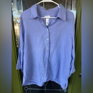 Liz Claiborne XL Blue Linen 3/4 Sleeve Collared Button Up Tunic Blouse Beach